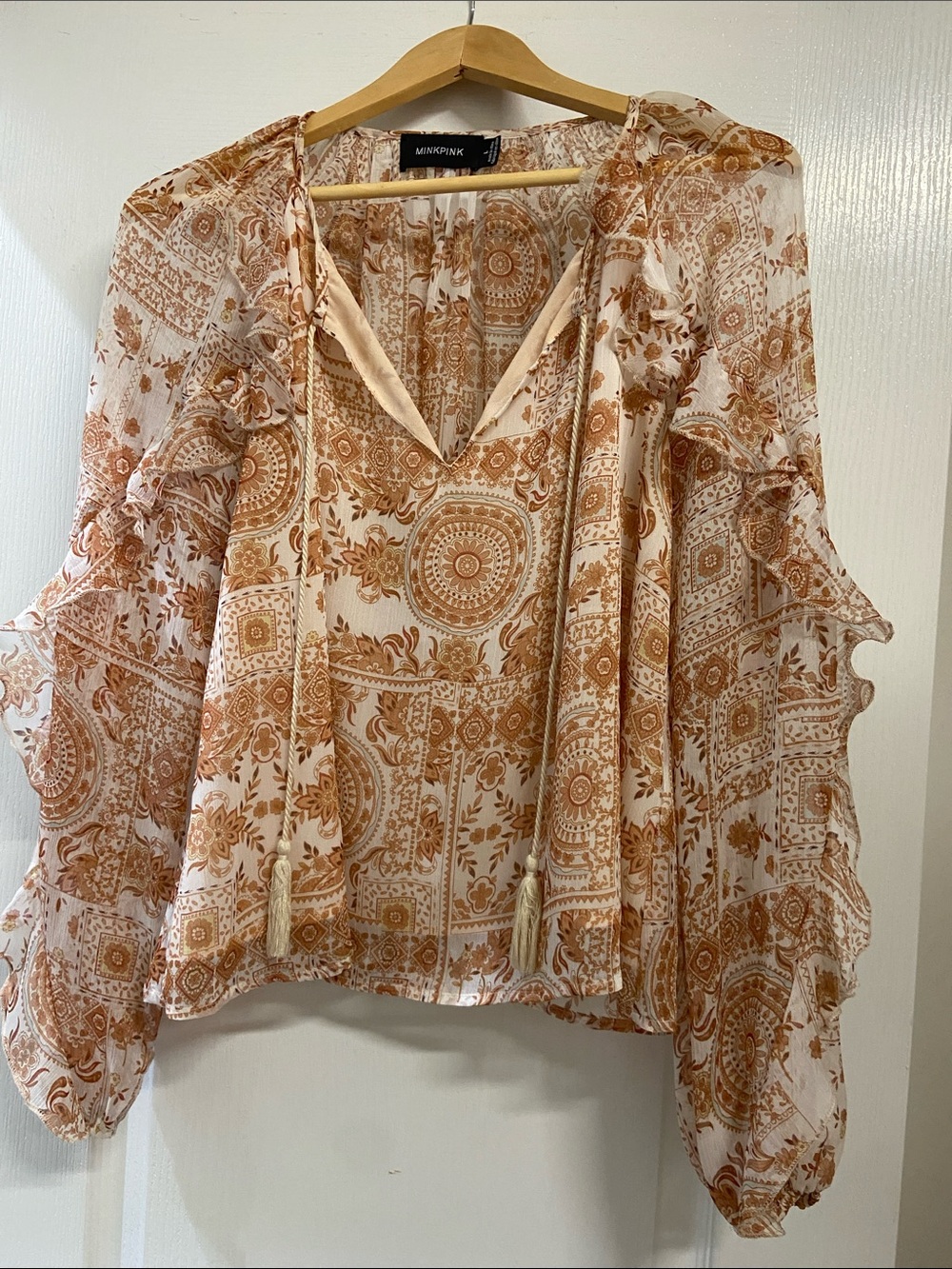 MINKPINK Cream and Tan Medallion Boho Tie-Neck Blouse